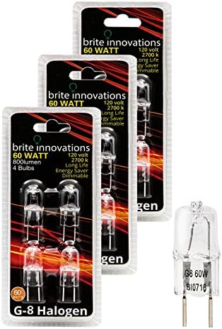 Brite InnovationsG8 Halogen Bulb, 60 Watt (12 Pack) Dimmable Soft White 2700K -120V-Bi Pin -Q20, CL, T4 JCD Type, Clear Light Bulb
