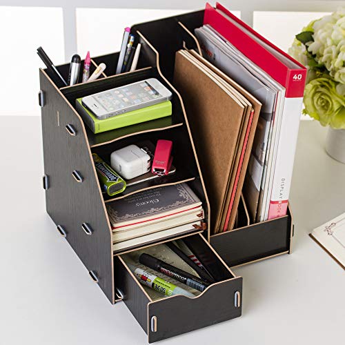 Wood Desk Organizer 4 Tier 8 Compartments with Drawer,Workspace Organizers Student desk finishing for School,Office Suppies File Letter Sorter Document Folder Tray Pen Holder,Storage Shelf Rack, Black