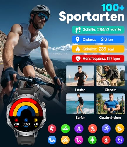 LIGE Military Smartwatch Men - 1000 mAh/1.85 Inch HD Large Touch Screen/LED Light, Fitness Watch with 110+ Sports Modes, Heart/Sleep Tracking, 2 Bracelets, IP68 Waterproof, Sports Watch for iOS/Android, Black