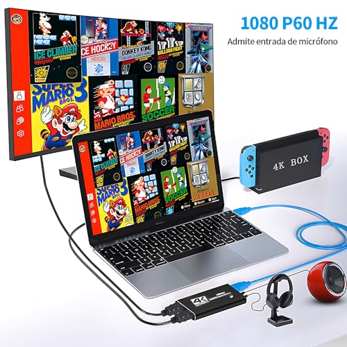 vantisan Capturadora de Video HDMI, 4K HDMI a USB3.0 Video Converter, 1080P@60Hz Video Tarjeta de Captura de Juego,con Entrada de Micrófono de 3.5mm, para Windows, Linux OS, Mac OS, OBS
