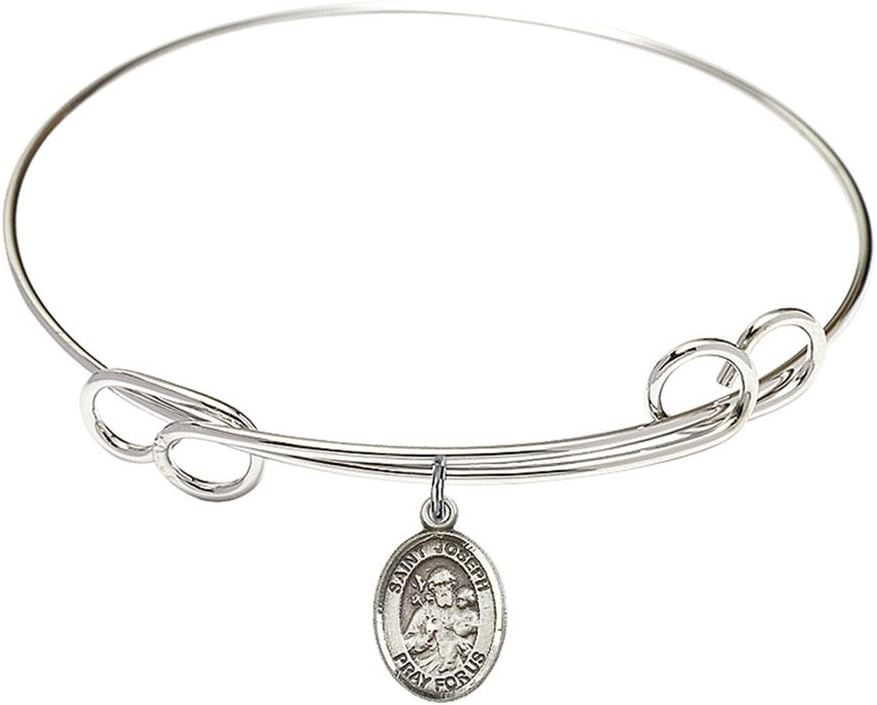 Rhodium Plate Double Loop Bangle Bracelet with Catholic Patron Saint Petite Charm, 8 1/2 Inch