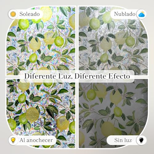 Qualsen Rainbow Effect Window Vinyl Stickers for Glass Electrostatic Lemon Tree Pattern Decorative Non-Adhesive Vinyl Anti UV Privacy Film Home Window 30 x 100 cm