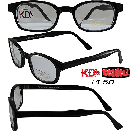 The Original KD's Biker Shades By PCSUN Black Frames +1.50 Magnification Clear Lenses