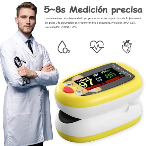 Oximetro pediatrico, oximetro digital recargable, puede monitorear la saturación de oxígeno en sangre, frecuencia del pulso y PI al mismo tiempo, adecuado para pruebas y monitoreo diarios (Amarillo)