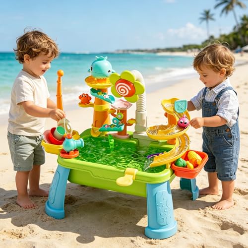 SwinKate Upgraded 4-in-1 Sand Water Table for Toddlers 1-3, Kids Sensory Table with Electric Water Pump & Sun Flower Faucet, Play Kitchen Sink with Food Accessories, Fishing Toy ‒ Adjustable Height