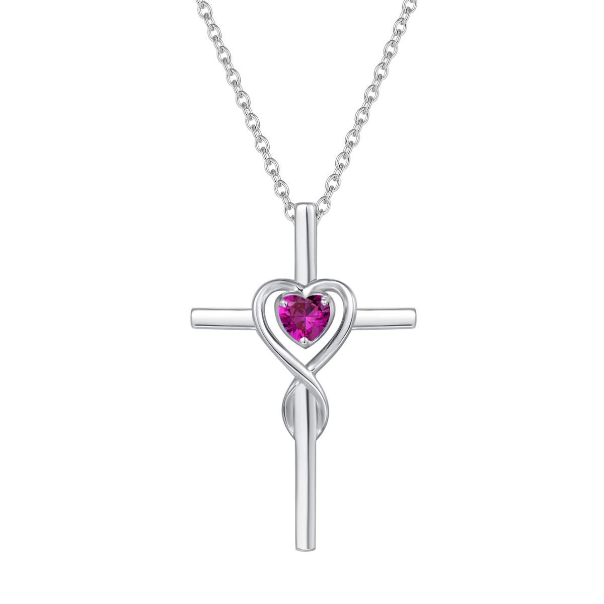 FANCIME 925 Sterling Silver Cross Infinity Heart Pendant Necklace with Created Red Ruby Gemstone Fine Jewellery for Women Girls - Chain Length: 16 + 2 Inch — image 1