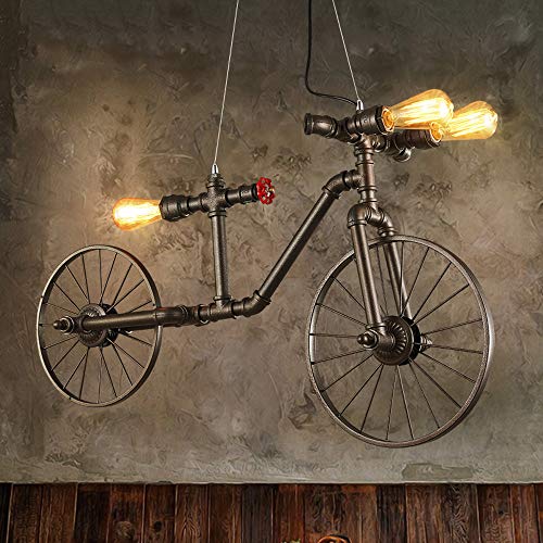 Rishx Retro Personality Bicycle Loft Ceiling Pendant Light 3-lights Steampunk Water Pipe Industrial Vintage Hanging Chandelier Antique Edison Exhibition Hall Dining Room Restaurant Celling Pendant Lam