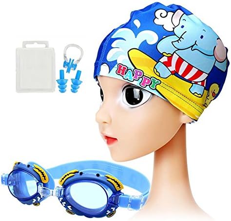 DANLIA Swim Cap Goggles Toddler Kids Baby Boy Girl Infant Little Children teen youth cloth fabric cartoon Waterproof Ear Plugs Nose Clips Protective Case