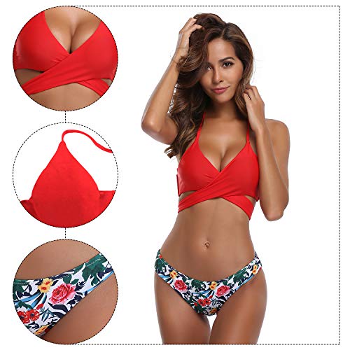 SHEKINI-Damen-Zweiteilige-Bikini-Set-Crossover-Badeanzug-Strandkleidung-Neckholder-Triangel-Oberteil-Bandeau-Strandmode-Sport-Split-Blumen-Bikinihose