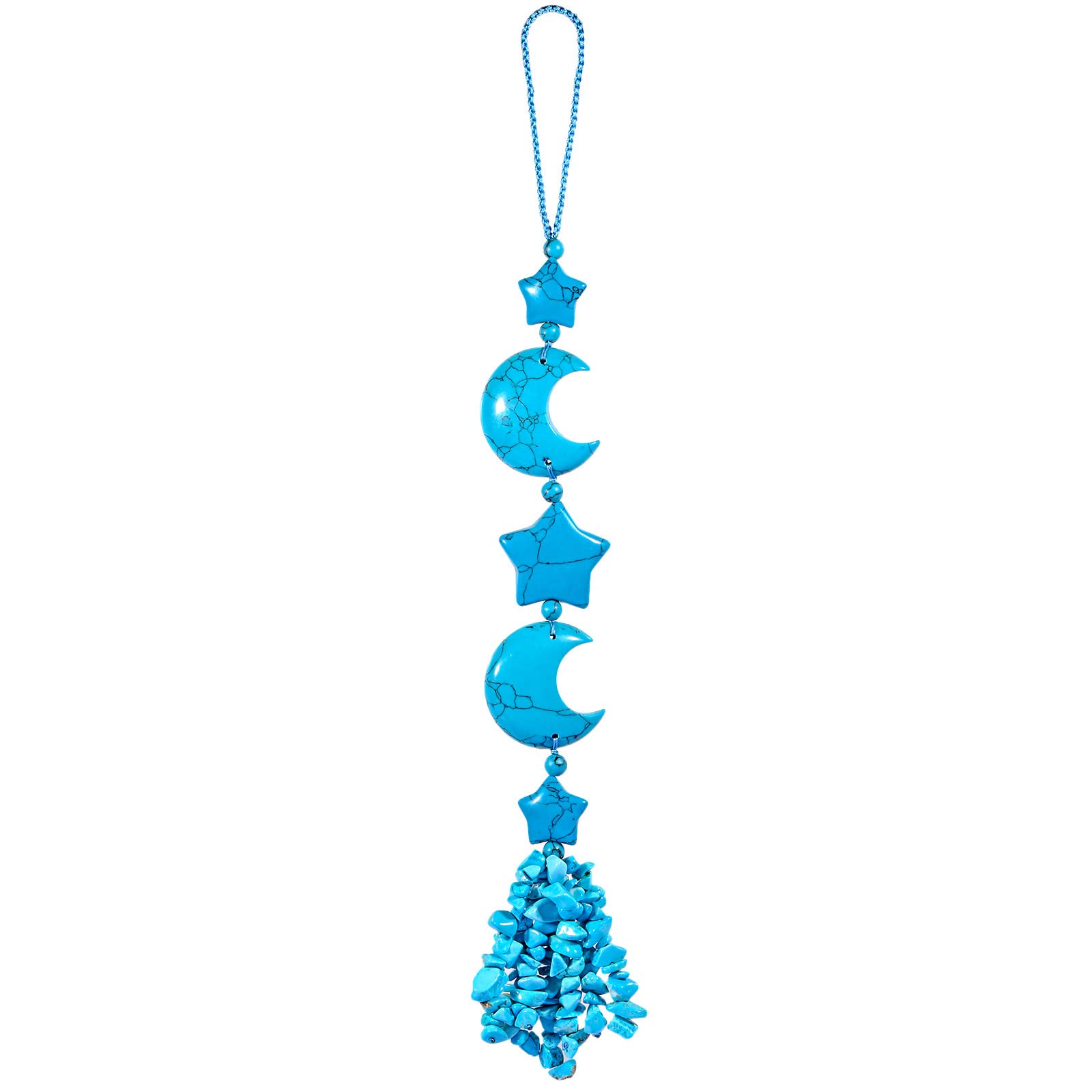 Nupuyai Blue Howlite Turquoise Crystal Moon Star Tassel Hanging Ornament, Reiki Energy Healing Stones Feng Shui Home Window Car Good Luck Wedding Decor