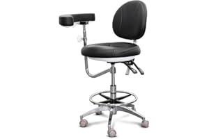 LIMKOMES Dental Assistant Chair Microfiber with Rotatable Armrest Rolling Medical Chair Ergonomic Swivel Seating Back Support Dentist Stool for Clinics, Dental Offices, Labs-Black