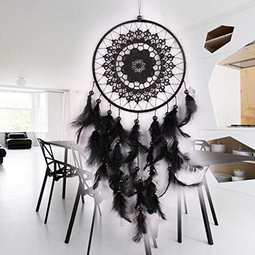 VietGT Wind Chimes & Hanging Decorations - 50cm Wind Chimes Handmade Indian Dream Catcher Net with Black Feathers Wall Hanging Dreamcatcher Craft Gift Home Decoration 1 PCs