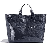 Lushandy Striped PVC Tote Bag for Women, Checkered Plastic Tote Bag for Beach Pool Large Plaid Letters Print Hobo Handbag