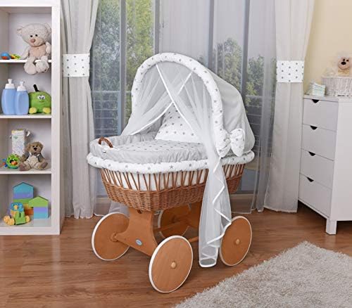 WALDIN Baby Wicker Cradle,Moses Basket,44 Models Available,Painted Stand/Wheels,Textile Colour Grey/Grey Stars