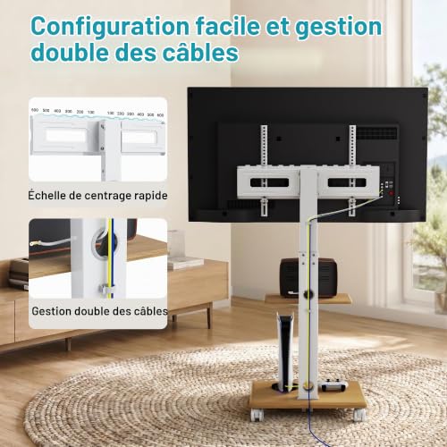 BONTEC TV Stand with 5 Castors, 32-80 Inches, Load 60 kg | Universal TV Stand Height Adjustable 1210-1500 mm, Tilt, Swivel, Wooden Base, VESA 600 x 400 mm
