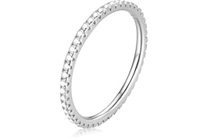 WOSTU 2MM Thin Band Eternity Rings 925 Sterling Silver Black Cubic Zirconia Egagement Rings Wedding Anniversary Stackable Rings Christmas Gifts for Her