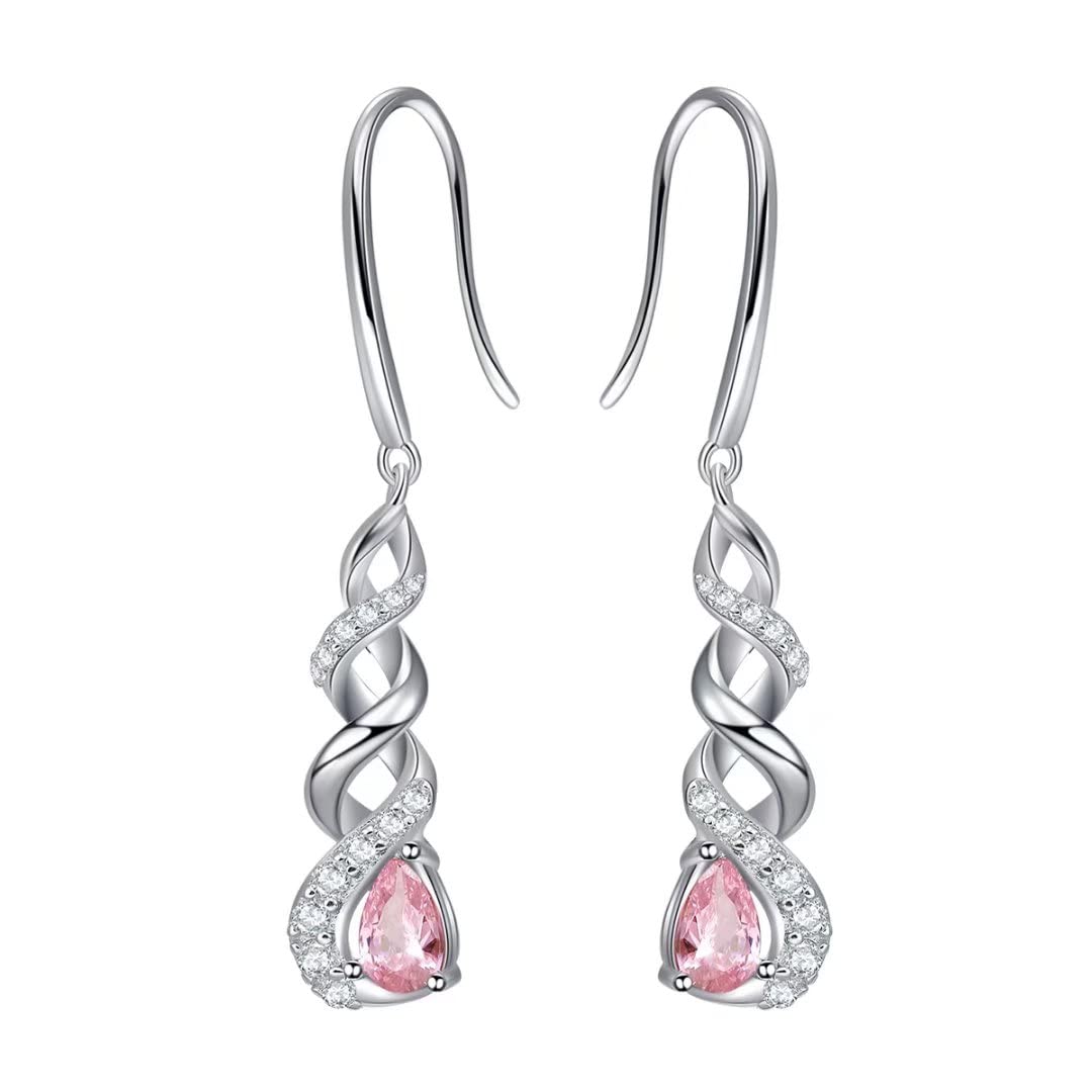 Qings October Birthstone Drop Earrings for Women - 925 Sterling Silver Pink Tourmaline Cubic Zirconia Infinity Gemstone Earrings Piercing Sparkling Jewelry Birthday Gift