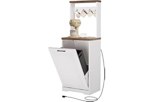 YATINEY Tilt Out Trash Can Cabinet with Charging Station, Kitchen Trash Bin Cabinet with Hooks, 10 Gallons Wooden Recycling Cabinet, Hidden Laundry Basket, for Kitchen, Laundry Room, White WB02UWH
