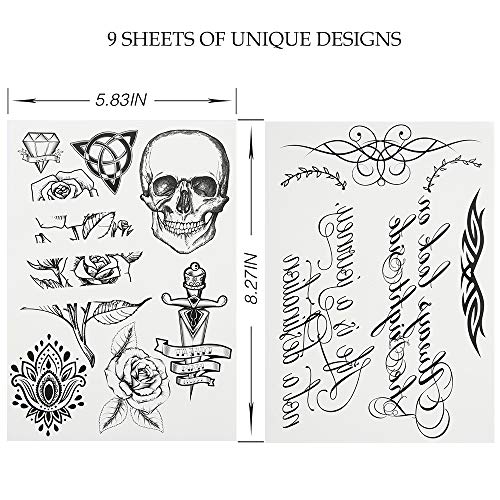 Temporary Tattoos Body Art Stickers - 100 Unique Black Fashion Various Designs Words Qoutes Marks Temp Tats Fake Waterproof Removable Stickers Party Vacation Tatts Flowers Skull Symbol 9 Sheets