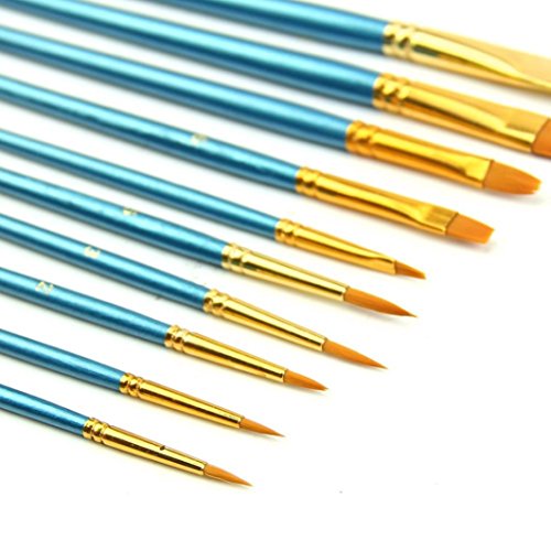 KingWo 10Pcs Artists Paint Brush Set Acrylic Watercolor Round Pointed Tip Nylon Hair