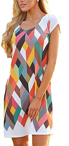 Tirahse Womens Diamond Phombus Pattern Chiffon Short Sleeve Round Neck Mini Dress