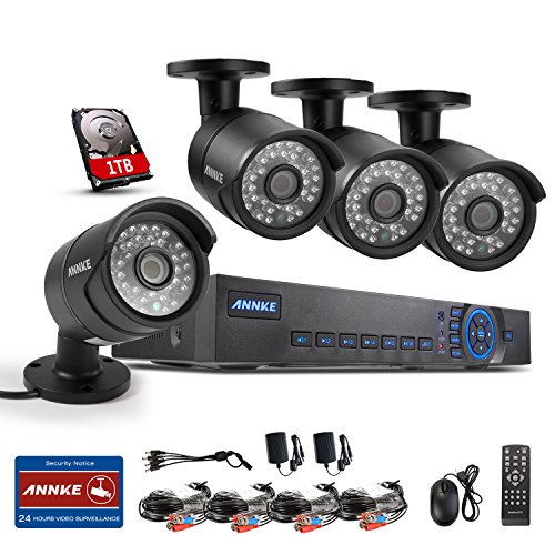 Annke 720P HD Analog HD 8CH Video Security System - Four 1.0 MP Weatherproof IP66 Bullet Cameras, 100ft IR LED Night Vision, Pre-Installed 1TB HD for 24/7 Recording, Quick QR Code Smartphone Access, USB Backup