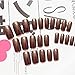 Yean 24Pcs/Set Bridal False Nails Set Full Cover Medium Square Glossy Tan Brown Nude Color Fake Nail Tips with Design Press on Nails with Glue and Adhesive Tab for Women and Girls
