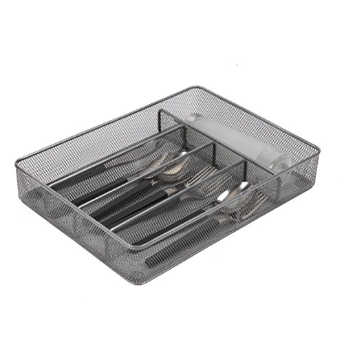 Finnhomy 5 Compartment Mesh Utensil Tray Kitchen Cutlery Drawer Organizer Silverware Storage Tray, Silver