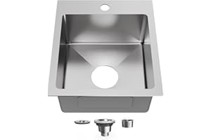 Bathenum 15" x 17" Drop in Bar Sink 304 Stainless Steel Single Bowl Kitchen Sink with Drain Kit, Brushed