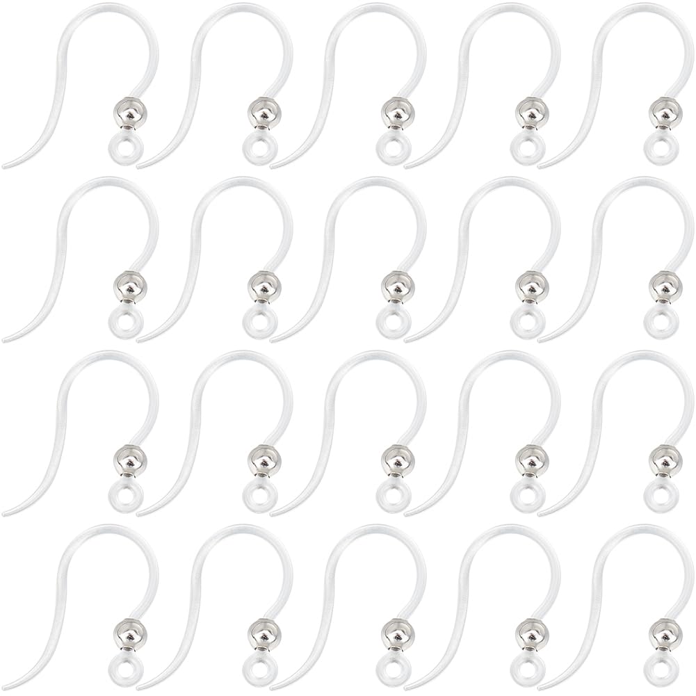SUNNYCLUE 1 Box 80Pcs Plastic Ear wires 8mm Clear Earring Hooks Fishhook Earrings with Stainless Steel Beads Anti Allergy French Hook Earwire Findings for jewellery Making Supplies DIY Dangle Earrings