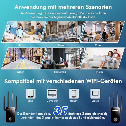 NEWFAST WLAN Amplifier, 1200 Mbps WLAN Repeater Dual-Band WiFi Extender with 4 Swivelling Antennas, WPS,MU-MIMO, Support Repeater/Router/Ap Mode for Home and Office, 1-Tip Setup, EU Plug