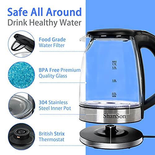 ShanSon 1.7L Electric Glass Kettle1500W Temperature control Fast Water