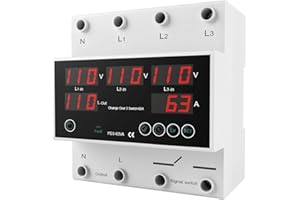 OELFFOW One-Click Setup Automatic Transfer Switch with Priority Phase L1＞L2＞L3, 4P 63A 110V 40/50/60/70Hz ATS Electrical Selector Switch Generator Changeover Switch V/A Protector Din Rail Mount