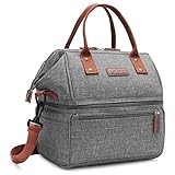 Lokass Lunch Bags for Women Wide Open Insulated Lunch Box With Double Deck Large Capacity Cooler Tote Bag With Removable Shoulder Strap Lunch Organizer For Men/Outdoor/Work(Grey)
