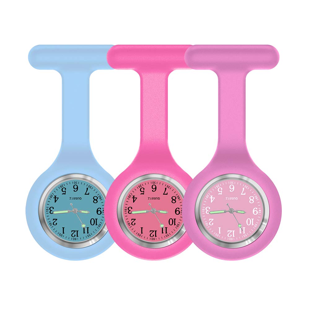 Set of 3 Nurse Watch Brooch, Silicone with Pin/Clip, Glow in Dark, Infection Control Design, Health Care Nurse Doctor Paramedic Medical Brooch Fob Watch - Blue Rose Purple