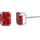 PHNIBIRD 1.5CT Radiant Cut Diamond Earrings 925 Sterling Silver White/Red/Blue/Pink/Yellow Diamond Studs with 6x8mm Sparkly Simulated Diamond Cubic Zirconia Studs Earrings for Christmas Valentines Birthday Mother's Day Gifts