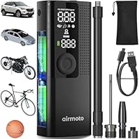 Airmoto Tire Inflator Portable Air Compressor - Air Pump For Car Tires with Digital Pressure Gauge, LED Light and Auto Shut-Off Function - Cordless Pump for Car, Motorcycle, Bicycle, Ball