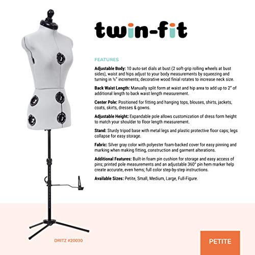 Dritz TwinFit Adjustable TriPod Stand, Petite Dress Form, Silver Gray