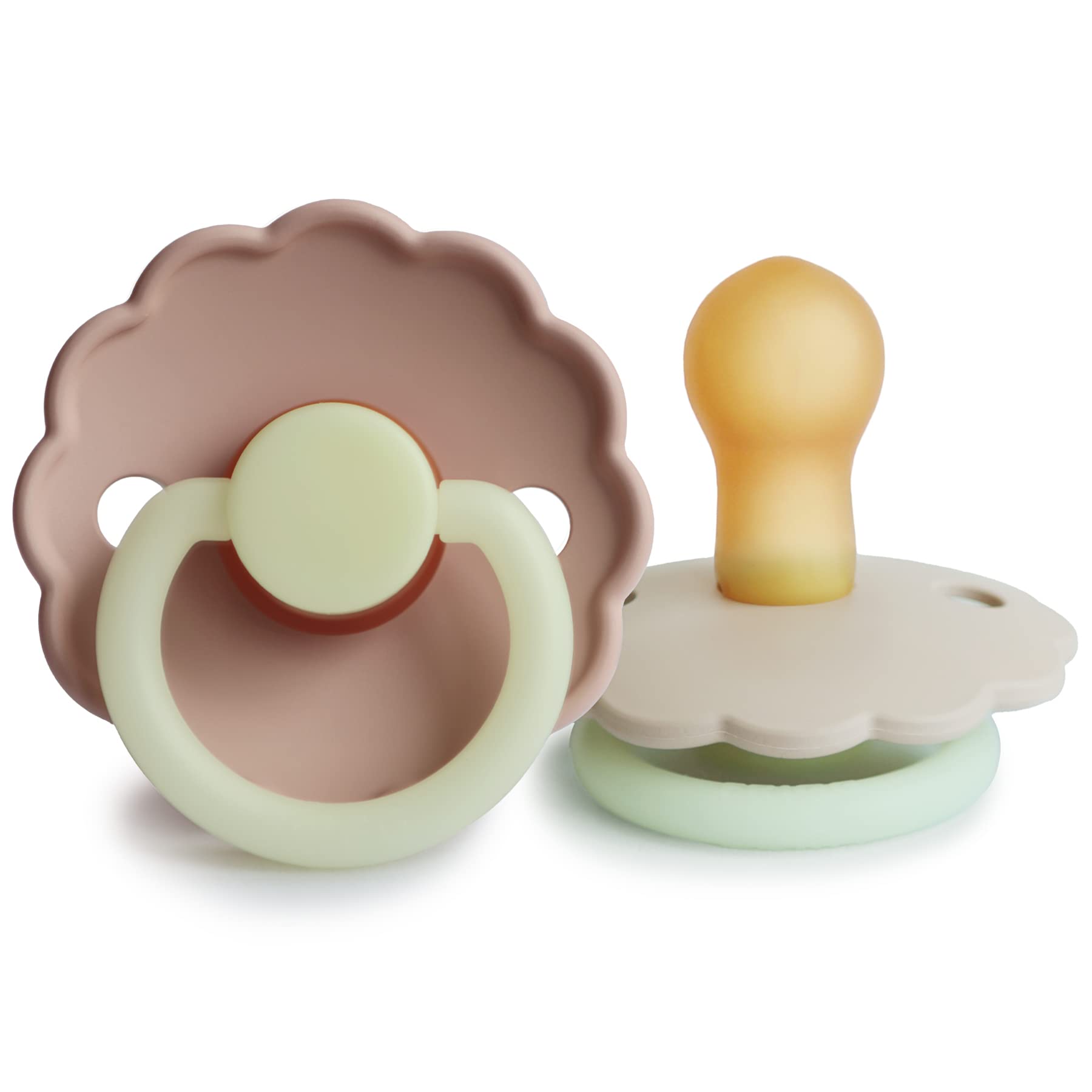 FRIGG Daisy Night Latex Pacifier Pack of 2 | Natural Rubber Soother Dummy | BPA-Free | Made in Denmark | Symmetrical Cherry Shaped Nipple (Blush Night/Cream Night, Size 1 (0-6 Months))