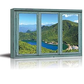 Canvas Wall Art - 3 Frame Window Looking Over a Mountain Range with a Lake - Giclee Print Gallery Wrap Modern Home Art Ready to Hang - 24x36 inches
