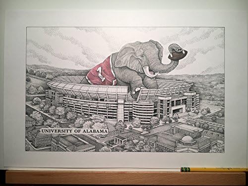 Alabama football stadium with elephant 11"x17" pen and ink print from hand-drawn original