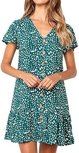LANREMON Women's Dresses Casual Polka Dot V-Neck Button Down Short Sleeve Ruffles Loose Fit Mini Summer T-Shirt Dress