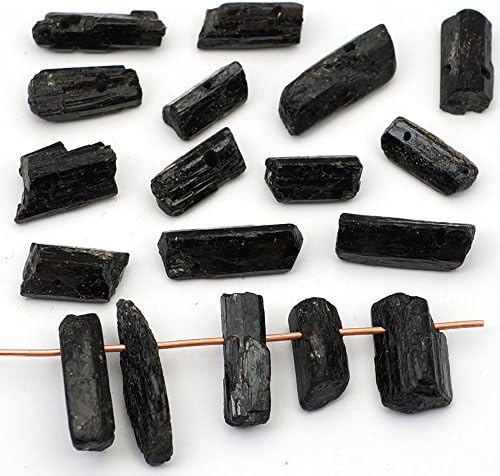 Black Top Drilled Cylinder Tourmaline Beads, Semiprecious, Assorted Size 13mm, 18 pcs