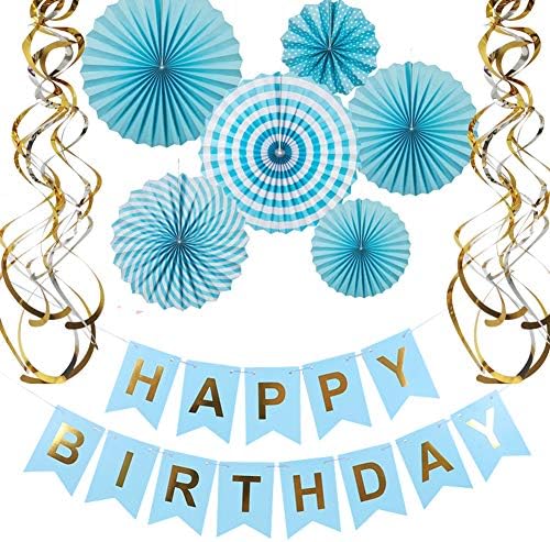 Happy Birthday Banner Paper Fan Flower Set Metallic Swirls for Birthday Party Decorations Blue