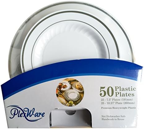Plexware Plastic Plates, Silver Rim with Ridges, 25-7.5" & 25-10.27", 50 Piece