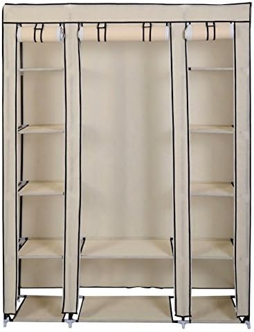 Beige Clothes Portable Closet Large Wardrobe Storage Organizer Free Standing Clothes Shoes Rack Shelf Hanging Rods Shelves Home Furniture