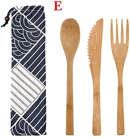 vivimix Tableware Dinnerware Set Wooden Bamboo Cutlery Fork Spoon Straws for Travel Home & Kitchen Outdoor Camping(E)