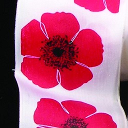 White with Red Poppies Print Taffeta Wired Craft Ribbon 2.5