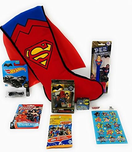 Superman Justice League Christmas Stocking Filled with PEZ Dispenser and Candy Jumbo Playing Cards and Hot Wheels Batman Car and More Includes SEVEN Stocking Stuffers
