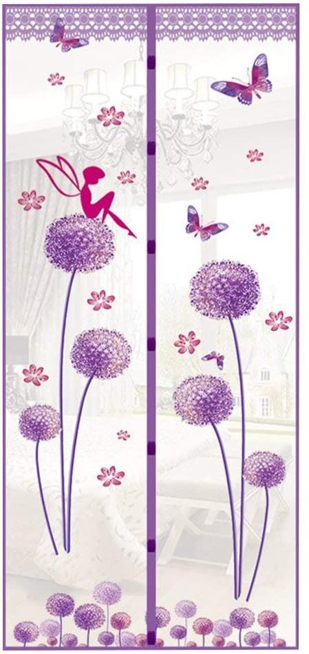 Magnetic Door Screen Fly Screen Door Bug Mesh Curtain High Density Automatically Mesh Door Nets 35" x 83" Easy Install (90 * 210cm, Dandelion-Purple)